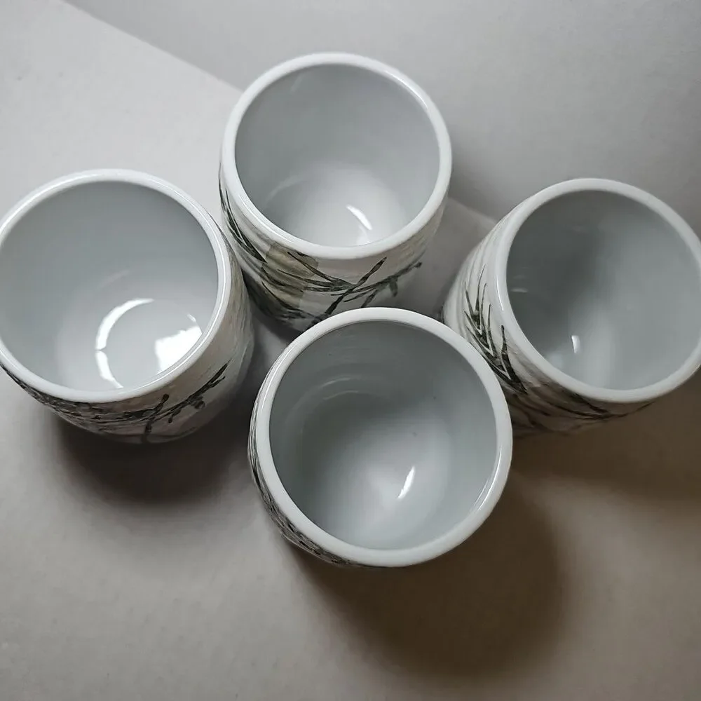 Set Of 4 Japanese Stoneware Handleless Tea Cup Yunomi Green Bamboo